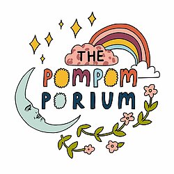 Logo saying The Pompomporium in the middle of an illustrated pom pom wreath
