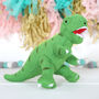Green T Rex Dinosaur Rattle And Personalised Cotton Bag, thumbnail 3 of 3