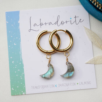 Labradorite Moon Huggie Earrings, 3 of 9