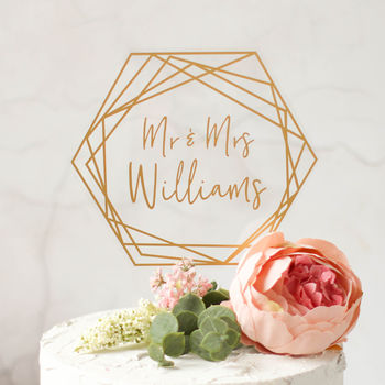 Personalised Gold Wedding Cake Topper Hexagon Shaped, 3 of 5