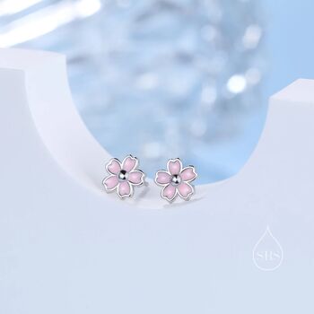 Enamel Cherry Blossom Stud Earrings Sterling Silver, 3 of 10