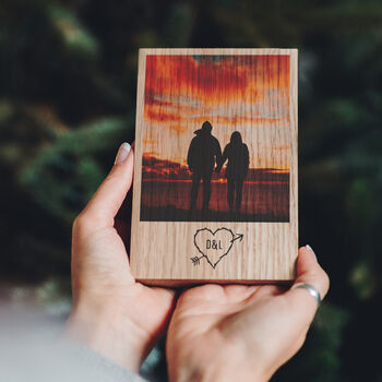 Personalised Oak Photo Block With Heart And Initials, 3 of 5