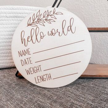 Wooden Baby Announcement Hello World Name Engraved Sign, 2 of 10