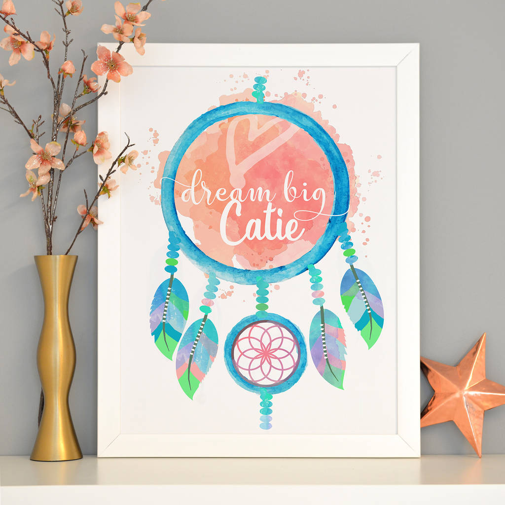 Personalised Dream Catcher Art By Cherry Pete Notonthehighstreet Com Blue Green Dreamcatcher With Orange Background White Frame