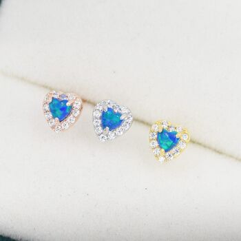 Tiny Blue Opal Heart Cz Stud Earrings Sterling Silver, 3 of 11
