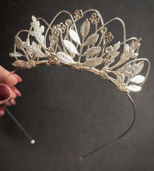 The Agatha Mini Crown Flower Girl Bridal Pearl Oak Leaf Tiara Headband, 5 of 11