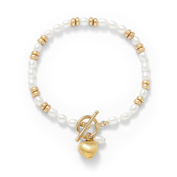 Amare White Cultured Freshwater Pearl Bracelet With Gold Hematite Beads And A Gold Heart Charm, 2 of 3