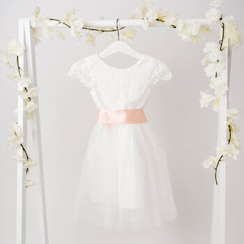 White Lace Flower Girl Dress With Sash In 35 Colours, 2 of 8