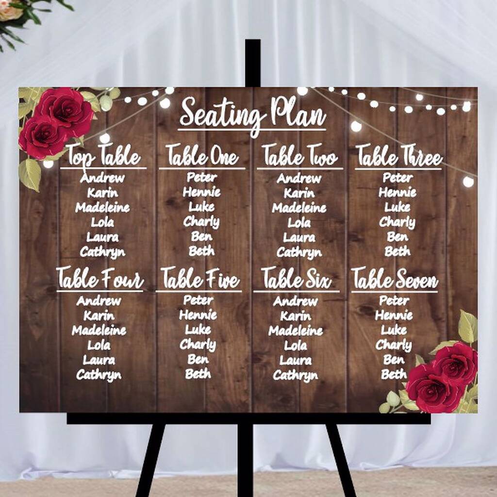 Wedding Table Seating Plan With Printed Red Flowers, 1 of 2