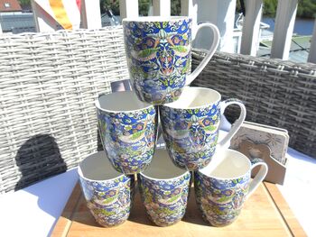Set Of Six Aspen Mugs In Blue Strawberry Thief Design, 2 of 12