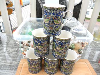 Set Of Six Straight Mugs In Blue Strawberry Thief Design, 2 of 10