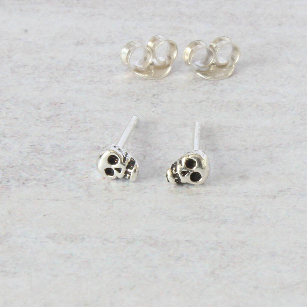 Tiny Silver Skull Stud Earrings, 1 of 5