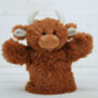 Brown Highland Cow Hand Puppet With Personalised Tag, thumbnail 1 of 6