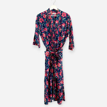 Navy And Pink Flower Block Print 100% Cotton Dressing Gown Kimono, 7 of 7