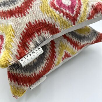 Oblong Ikat Velvet Cushion Coral Circles, 2 of 8