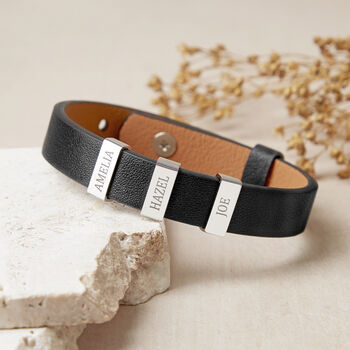 Personalised Mens Leather Cuff Names And Dates Bracelet, 5 of 8
