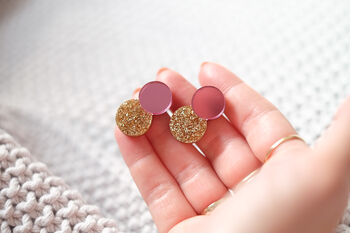 Pink Glitter Statement Mirror Geometric Stud Earrings, 2 of 3