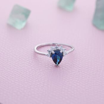 Pear Cut Sapphire Blue Cz Crown Ring In Sterling Silver, 4 of 12