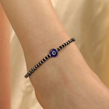 925 Silver Black Beaded Evil Eye Nazar Payal Anklet, 3 of 9