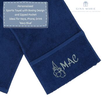 Personalised Embroidered Gym Towel With Zipped Pocket And Boxing Gloves Design, 2 of 4