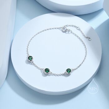 Sterling Silver Extra Tiny Emerald Green Cz Trio Bracelet, 7 of 10