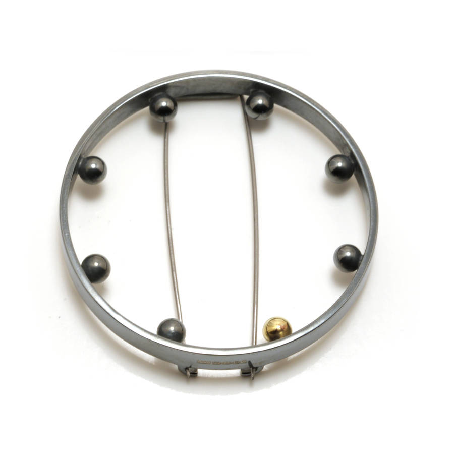Oxidised Silver Round Brooch With Silver And Gold Balls, 1 of 6