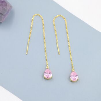 Sterling Silver Tourmaline Pink Cz Droplet Threader Earrings, 5 of 12