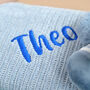 Personalised Blue Knitted Baby Blanket And Elephant Rattle Gift Set, thumbnail 12 of 12