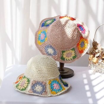 Monaco Beige Ombré Crochet Flower Straw Beach Hat, 3 of 4