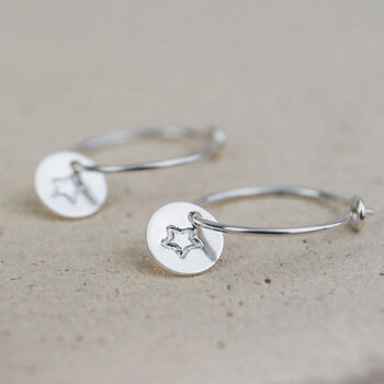 Sterling Silver Circle Open Star Charm Hoops, 2 of 3