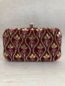 Deep Maroon Velvet Embroidered Handcrafted Clutch Bag, 7 of 8