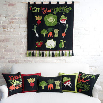 Eat Your Greens Hand Embroidered Veggies Wall Hanging, 2 of 2