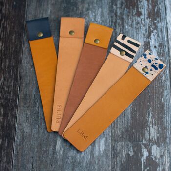 Blue Speck And Mustard Personalised Leather Bookmark, 7 of 7
