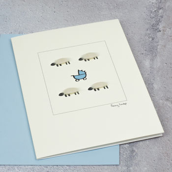 New Baby Card With Woolly Sheep And Pram In Blue, 2 of 2
