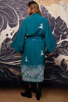 Origami And Hokusai Wave Embroidered Deep Teal Long Kimono, 6 of 12