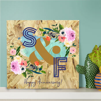 Personalised Wood Anniversary Floral Initials Print, 3 of 5