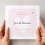 Personalised Wedding Day Card For The Newlyweds Featuring A Modern Pink And White Heart Design, thumbnail 2 of 4