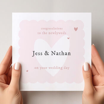 Personalised Wedding Day Card For The Newlyweds Featuring A Modern Pink And White Heart Design, 2 of 4