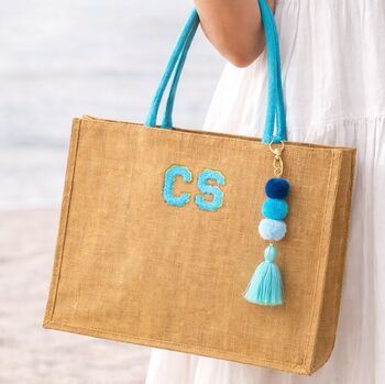 Personalised Square Jute Pom Pom Beach Shopper Tote Bag, 4 of 5