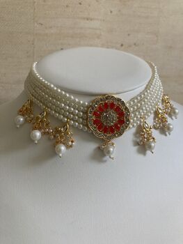 Red And White Gold Plated Kundan Pearl Indian Set, 5 of 7