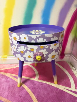 Lilac Daisy Round Wooden Side Table With Drawer, 7 of 11