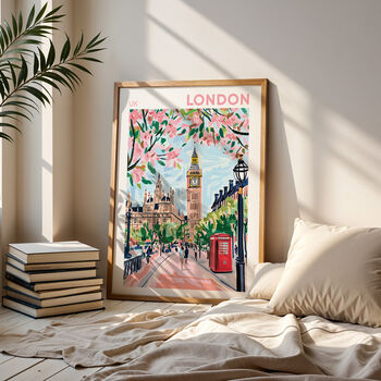 London Big Ben Travel Poster Pink Blossoms, 2 of 10