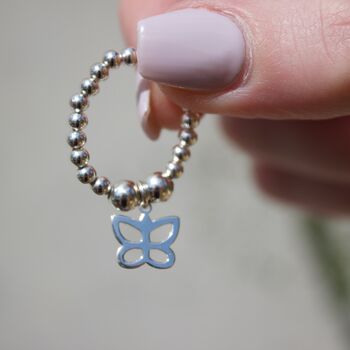 Sterling Silver Ball Bead Ring With Butterfly Charm, 4 of 10