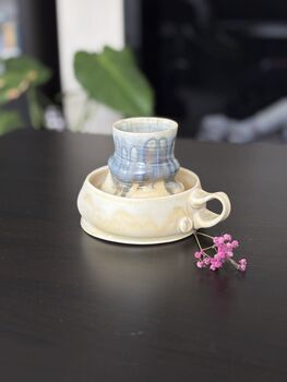 Handmade Porcelain Espresso Cup And Saucer Creamy Beige Glaze, 2 of 6