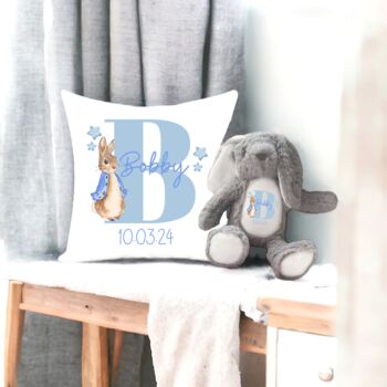 Personalised Initial Baby Birth Boy Bunny Cushion, 4 of 4