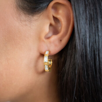 Gold Hoop Earrings With Baguette Crystals Non Tarnish, 2 of 5