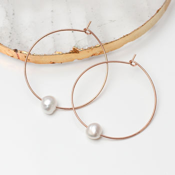 18ct Rose Gold Plated And Pearl Hoop Earrings, 2 of 6