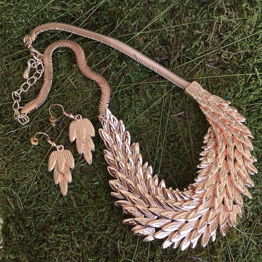 Rose Gold Feather Necklace And Earrings Set By French Grey Interiors