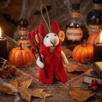Handmade Felt Devil Mouse Halloween Hanging Decoration, 4 of 4