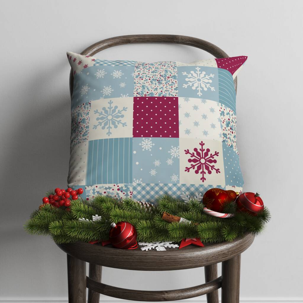 Christmas Blue Patchwork Cushion, 1 of 7
